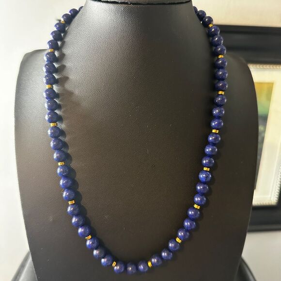 20" Revived 8mm beaded lapis lazuli necklace with gold tone accents, 925 clasp! - Picture 9 of 12